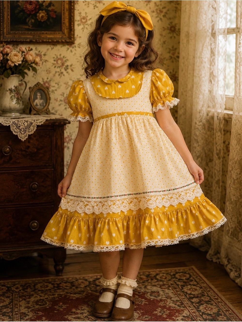 Girls Yellow Lace Trim Vintage handmade Dress size 6